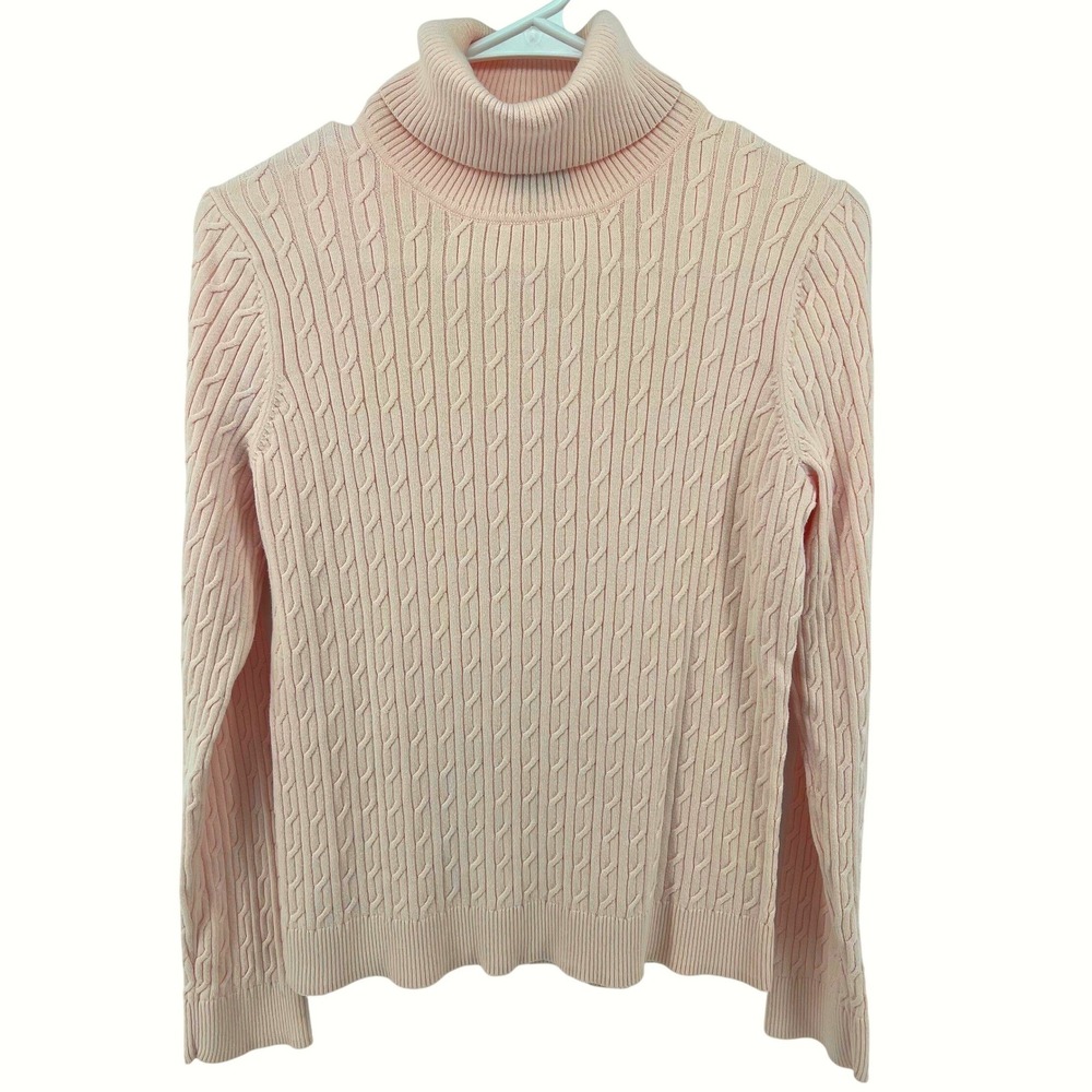 Talbots Women M Quiet Luxury Cable Knit Sweater Turtleneck Ballerina Pink Preppy